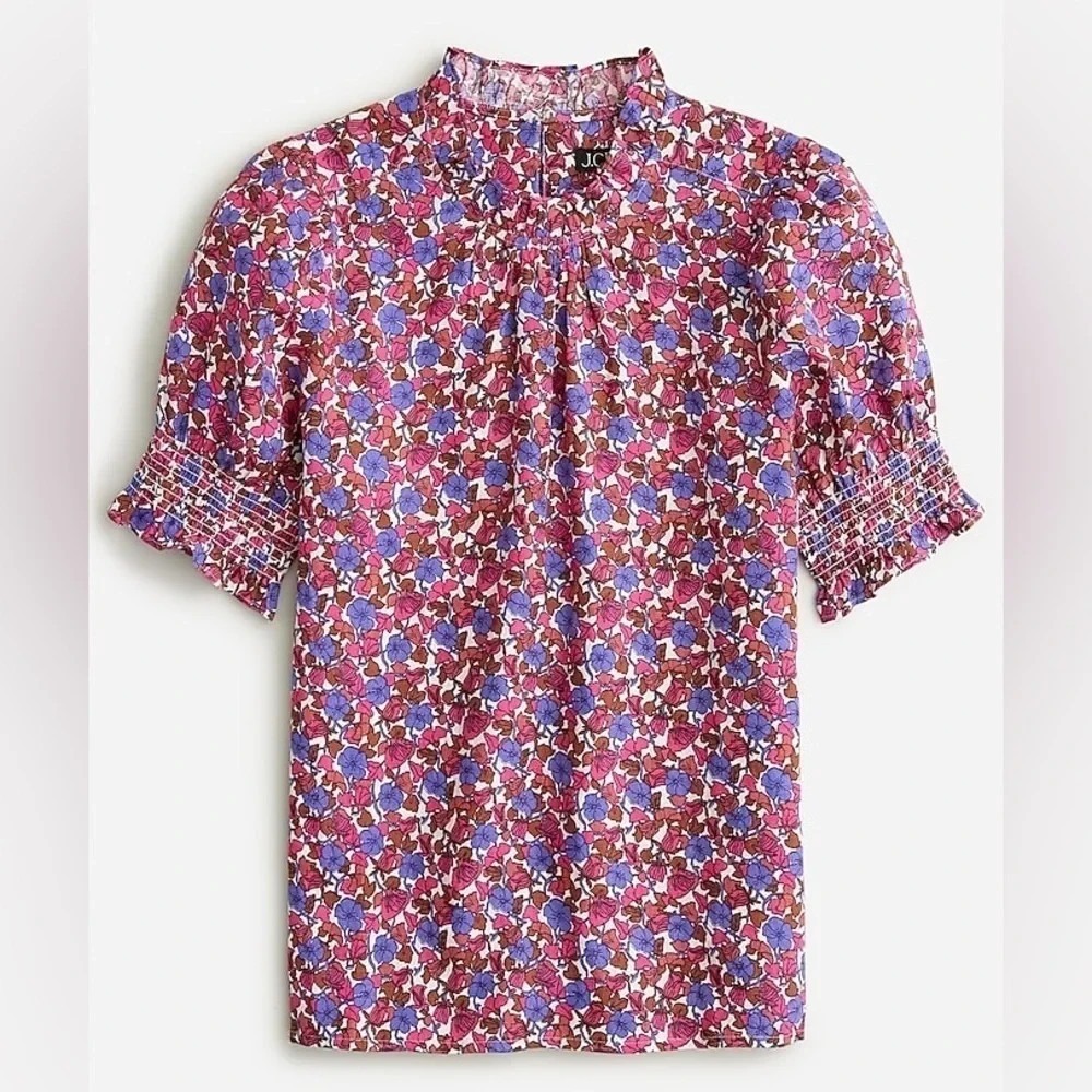 J.Crew Smocked 100% Linen Puff-Sleeve Top in Berry Floral High Neck Blouse XS - Picture 12 of 12